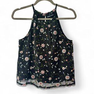 Abercrombie & Fitch Sz M Floral Mesh Beaded Embroidered Black Halter Top